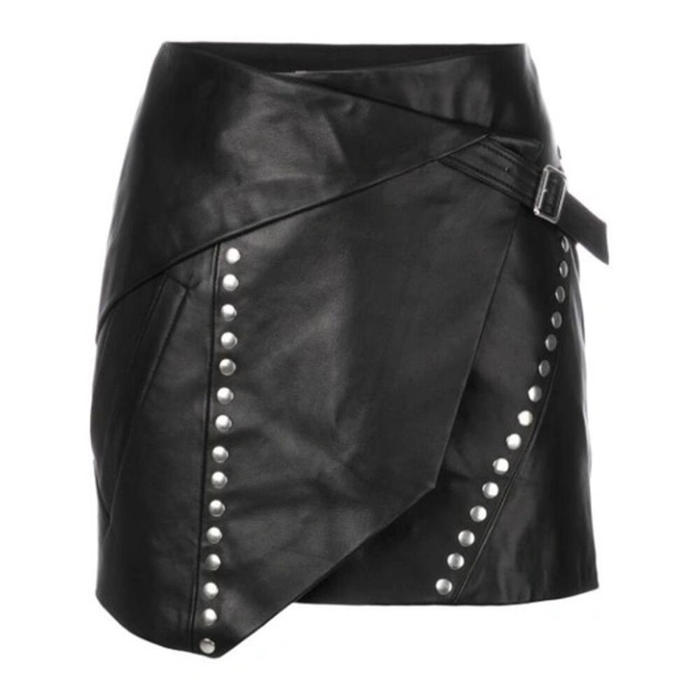 IRO Mupper Black Lamb Leather Studded Belted Moto Biker Mini Skirt L - Picture 5 of 13
